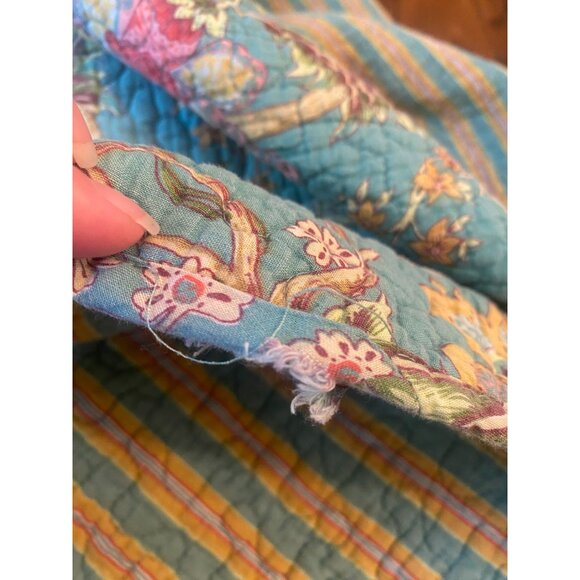 Quilted King Size Bedspread Reversible Floral & Striped Bright Teal Yellow and P - Picture 6 of 6